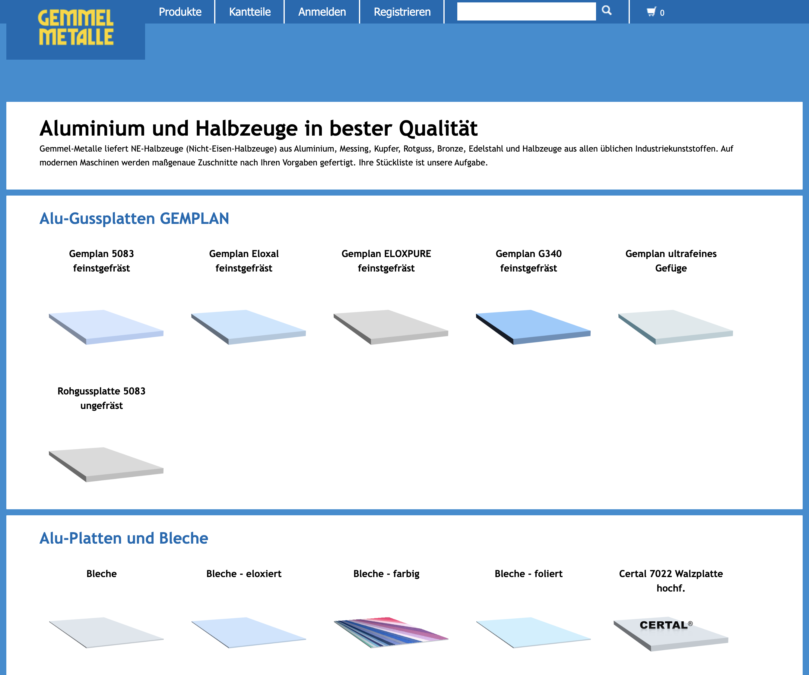 Vorschau des Gemmel-Metalle Webshops für Aluminium, Messing und Kupfer Halbzeuge